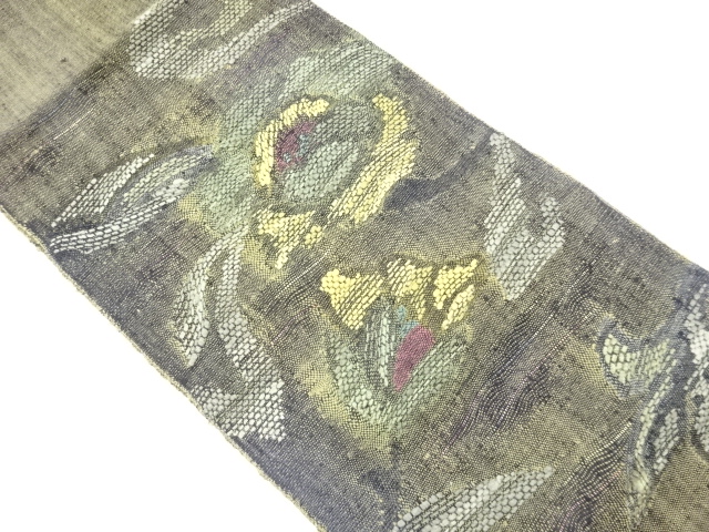 Hand woven cotton pongee paper cloth Nagoya obi with woven flower and leaf patte